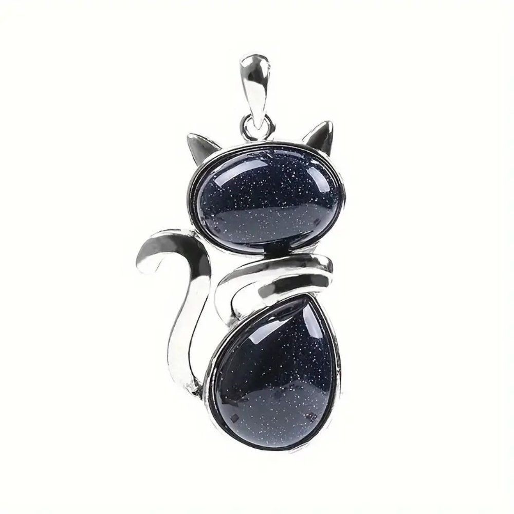 Blue Sandstone Natural Stone Cute Cat Pendant Necklace - Picture 3 of 3